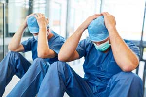 two exhausted surgeons with hands on head