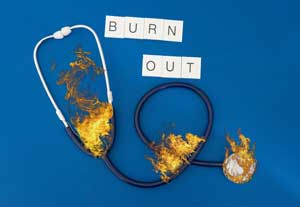 Burnout graphic featuring a stethoscope on fire